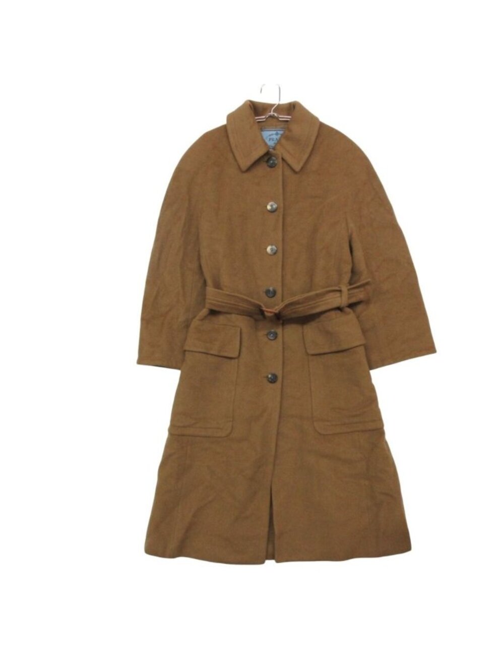 Prada Soutien Collar Coat Camel Hair Belted Long Jacket Light Brown